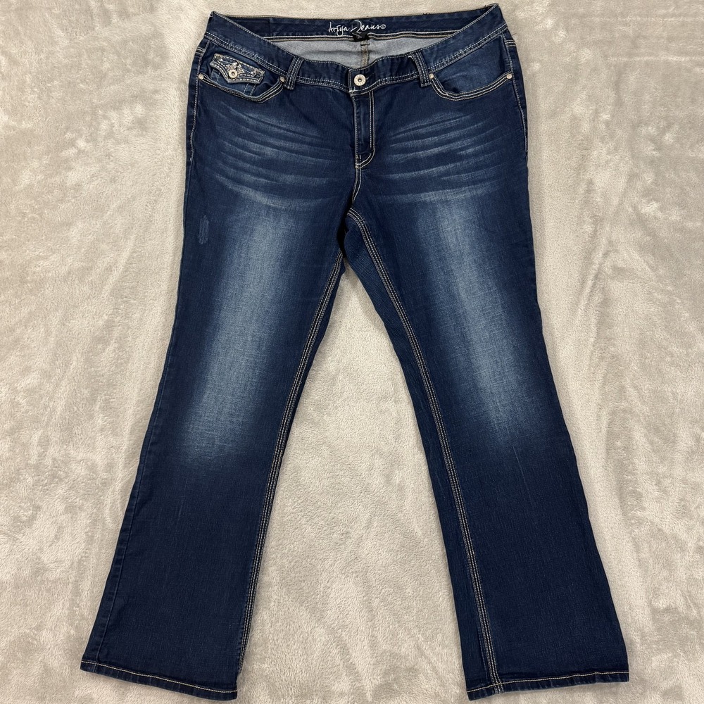 Ariya Jeans Womens 38x32 Bootcut‎ Stretch Thick Stitch Flap Pockets Embellished